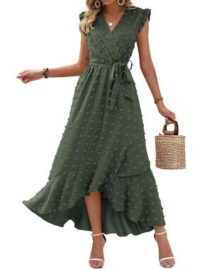 Women's Green V Neck Summer Dress \Cap Sleeve Swiss Dot Boho Flowy Ruffle Maxi